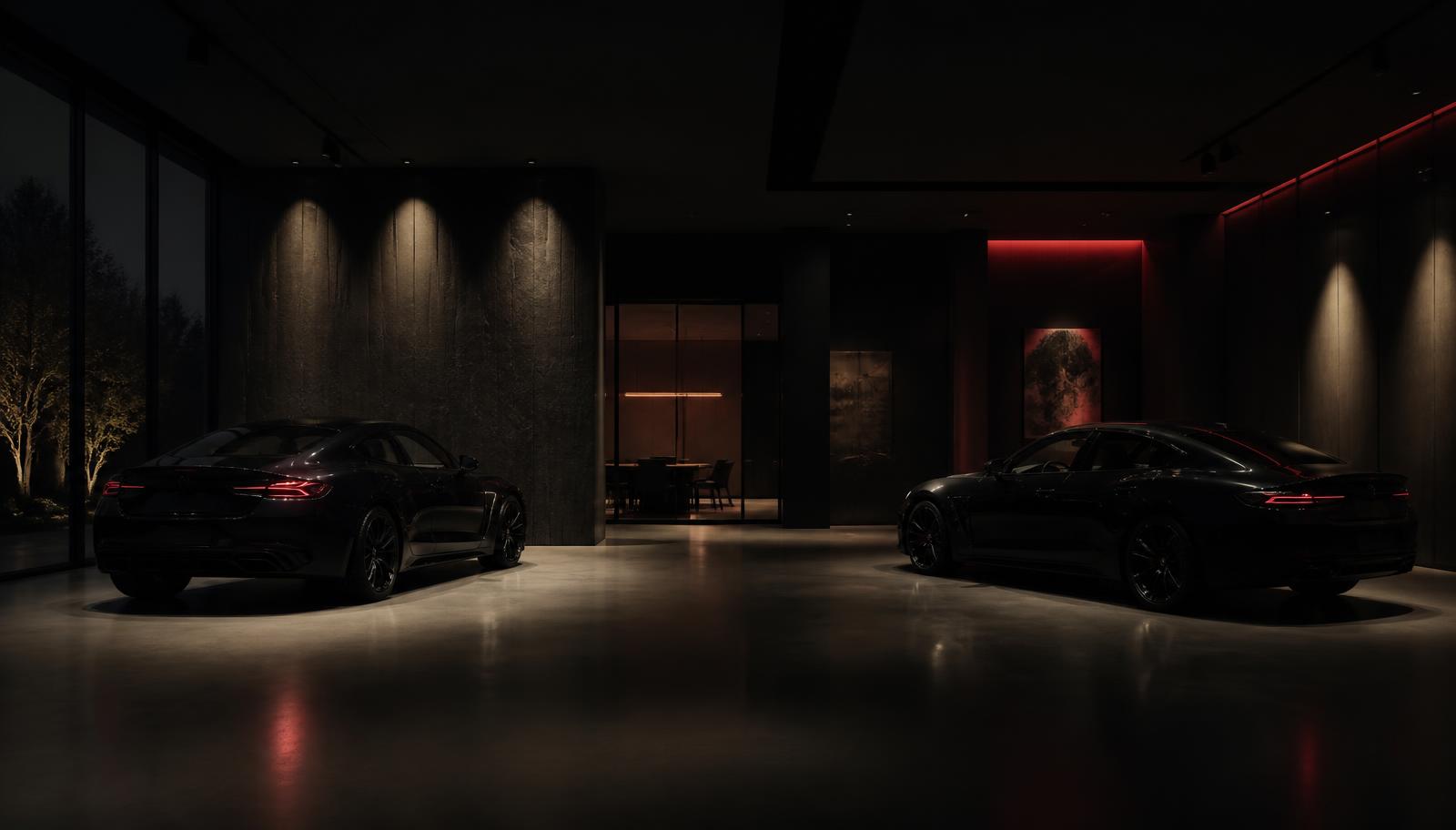 Dark luxury dealership showroom with two performance cars under spotlights